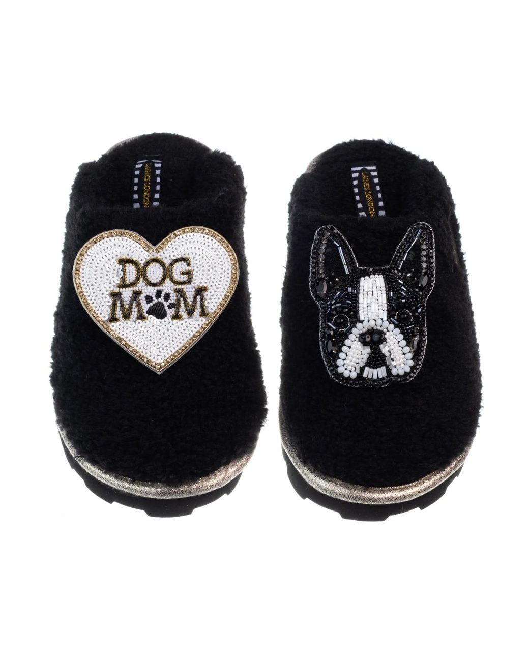Laines London Black Teddy Closed Toe Slippers With Buddy The Boston Terrier & Dog Mum Mom Brooches