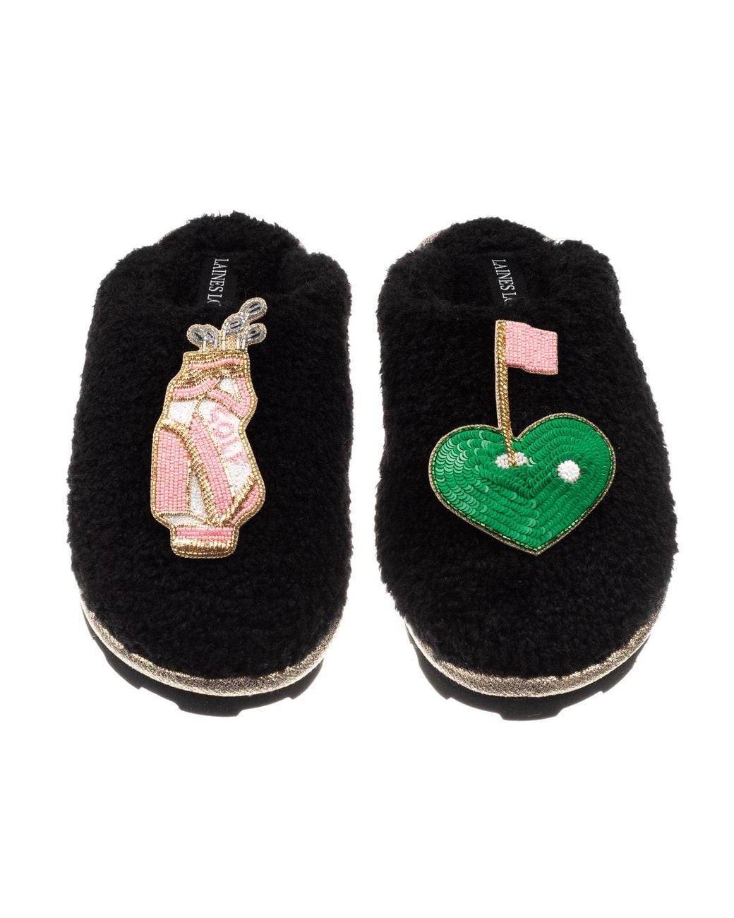 Laines London Black Teddy Closed Toe Slippers With Golf Lover Brooches