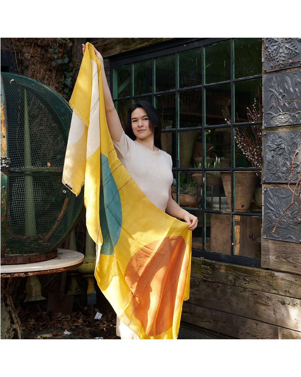 Variously Yellow Cirq Sun Modern Artisan Linen Silk Scarf