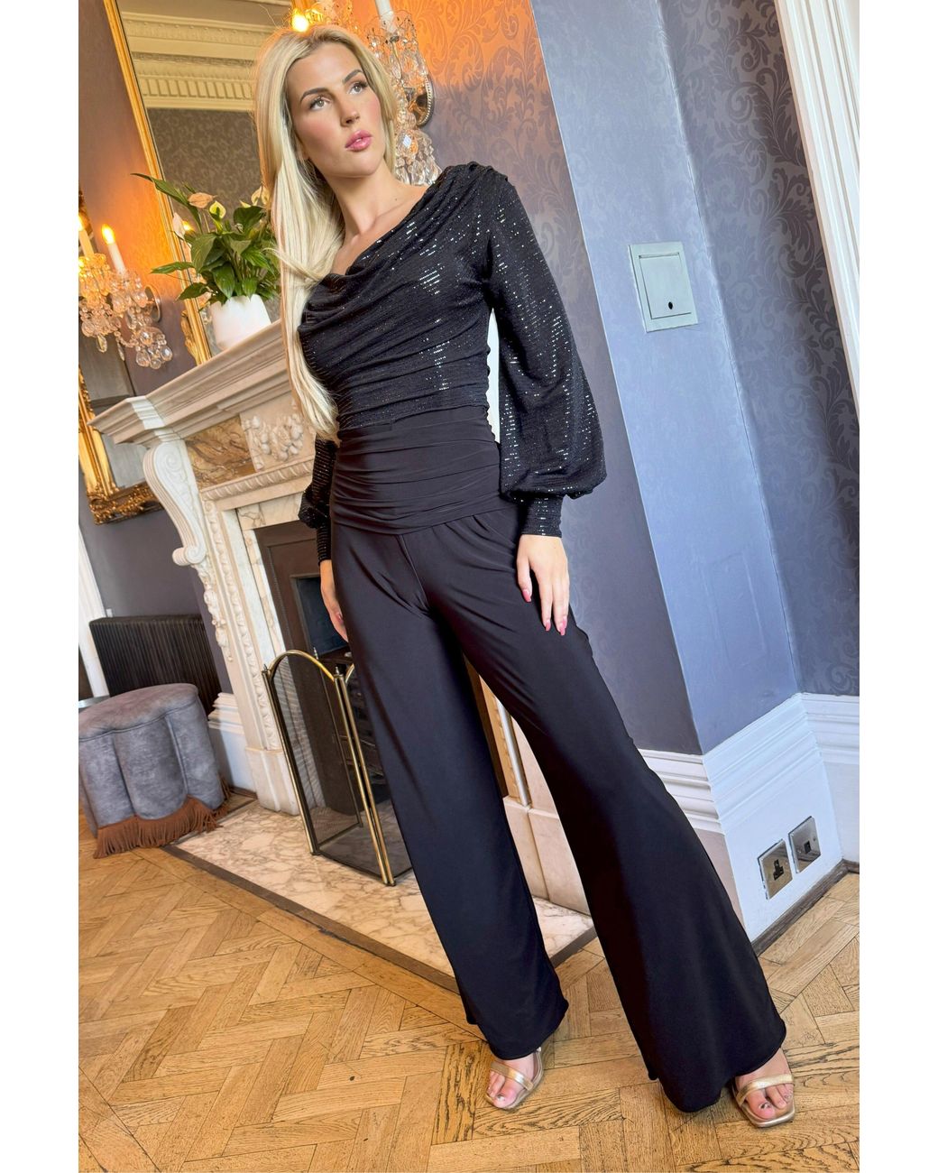 Atom Label Black Indium Jumpsuit With Bell Sleeve