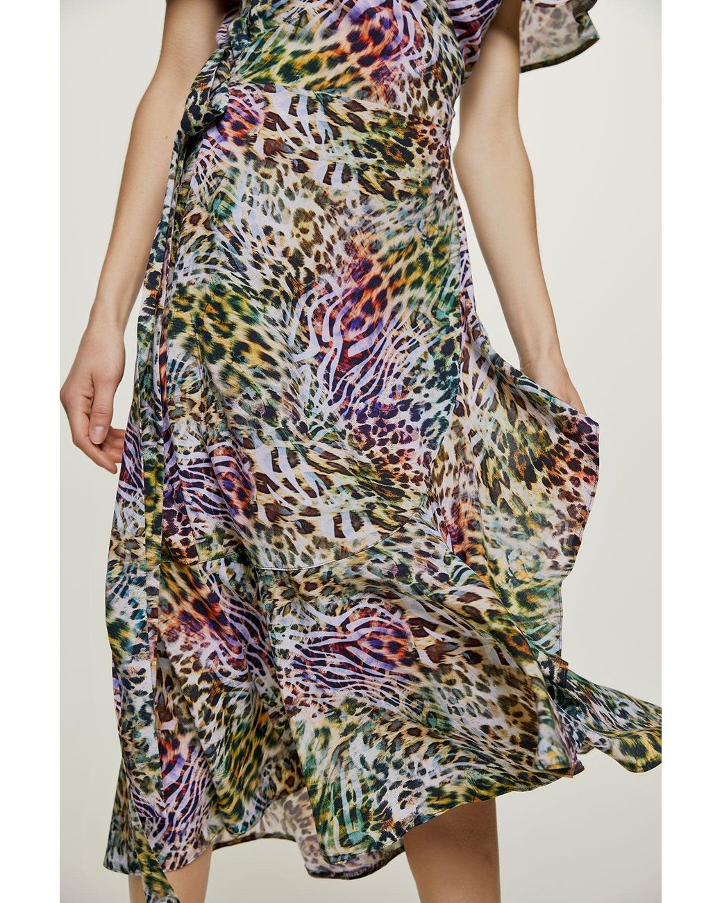 Conquista Multicolor Animal Print Ruffle Detail Wrap Dress