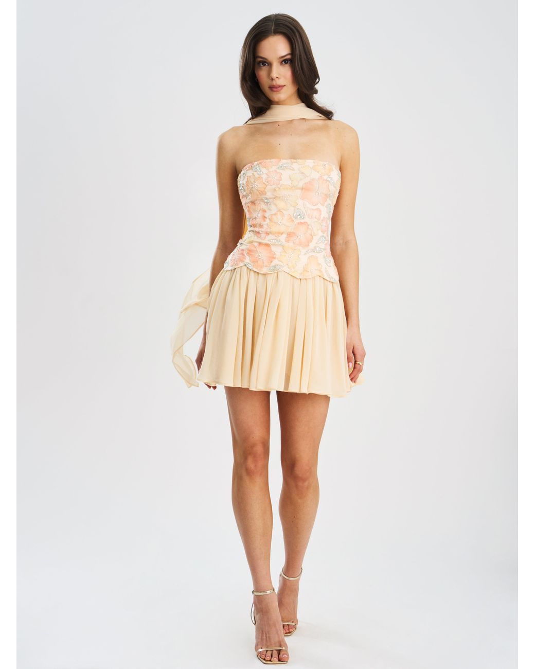 Miss Circle New York Natural Quanisha Beaded Floral Mini Chiffon Dress With Scarf