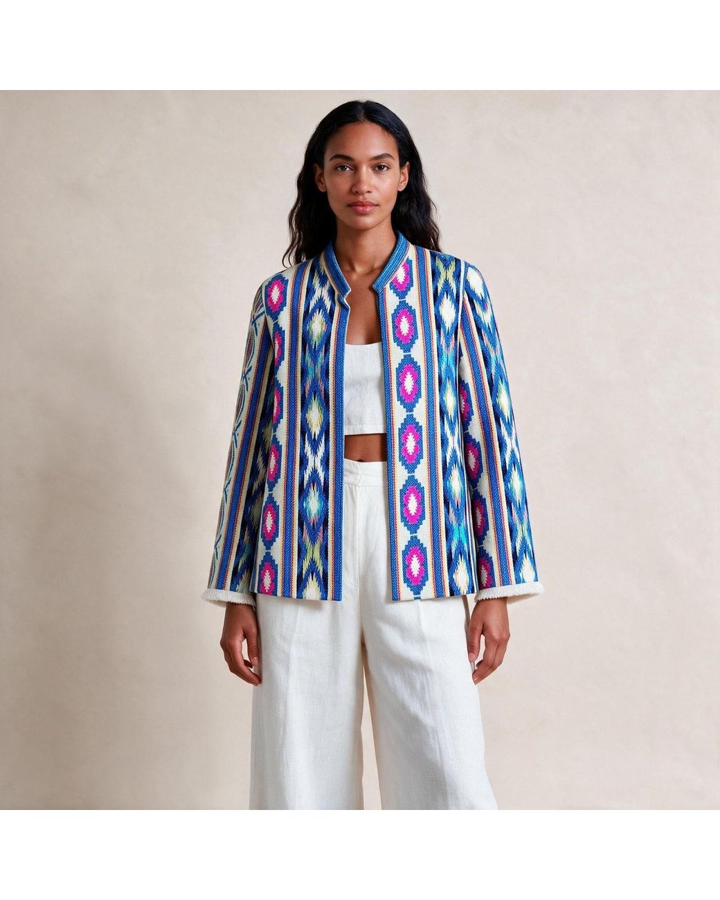 Kipépéo Blue Sorayya Jajim Fringe-Cuff Short Jacket