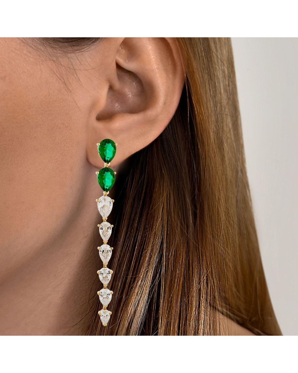 SALLY SKOUFIS Green Pure Drop Earrings With Made Emerald & Cz Diamond Stimulant