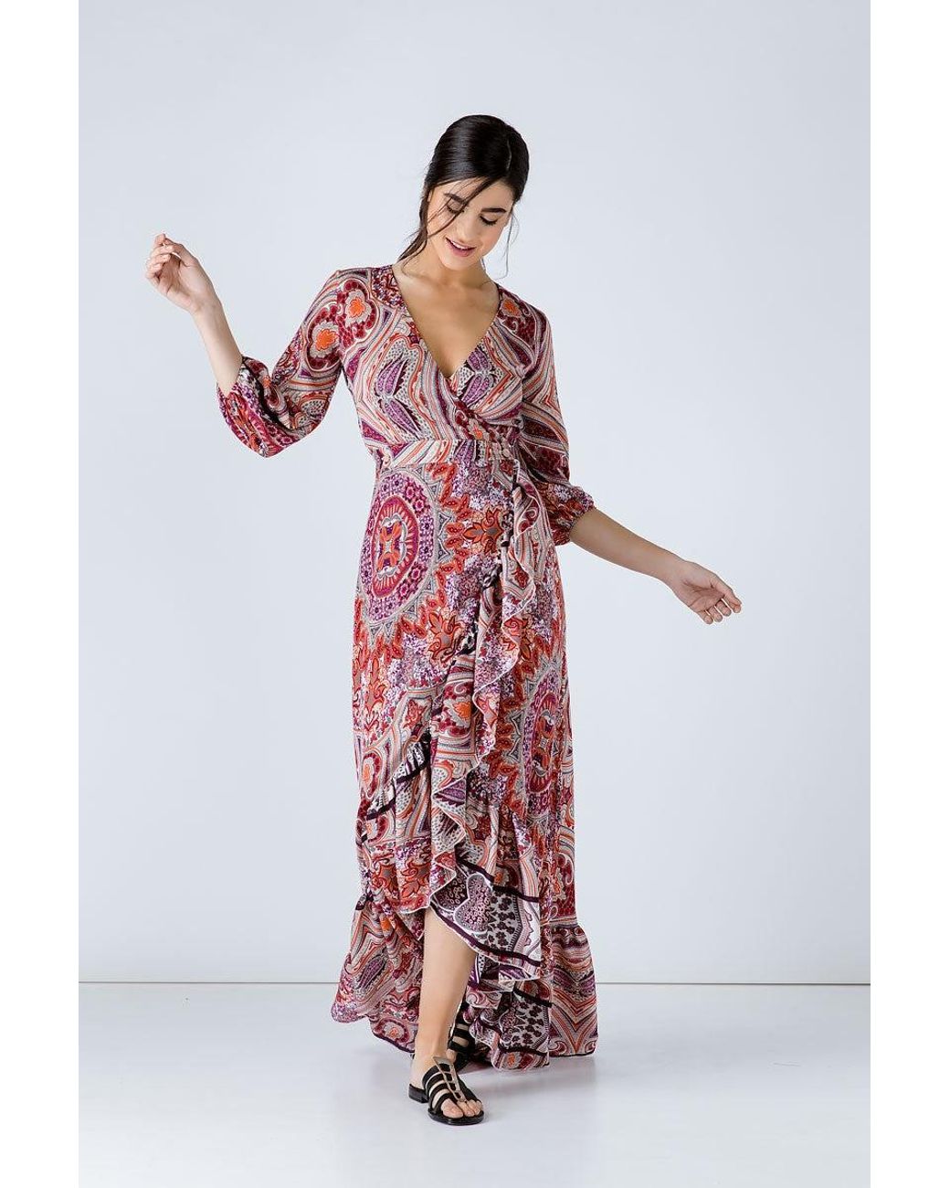 Conquista Red Print Maxi Wrap Dress