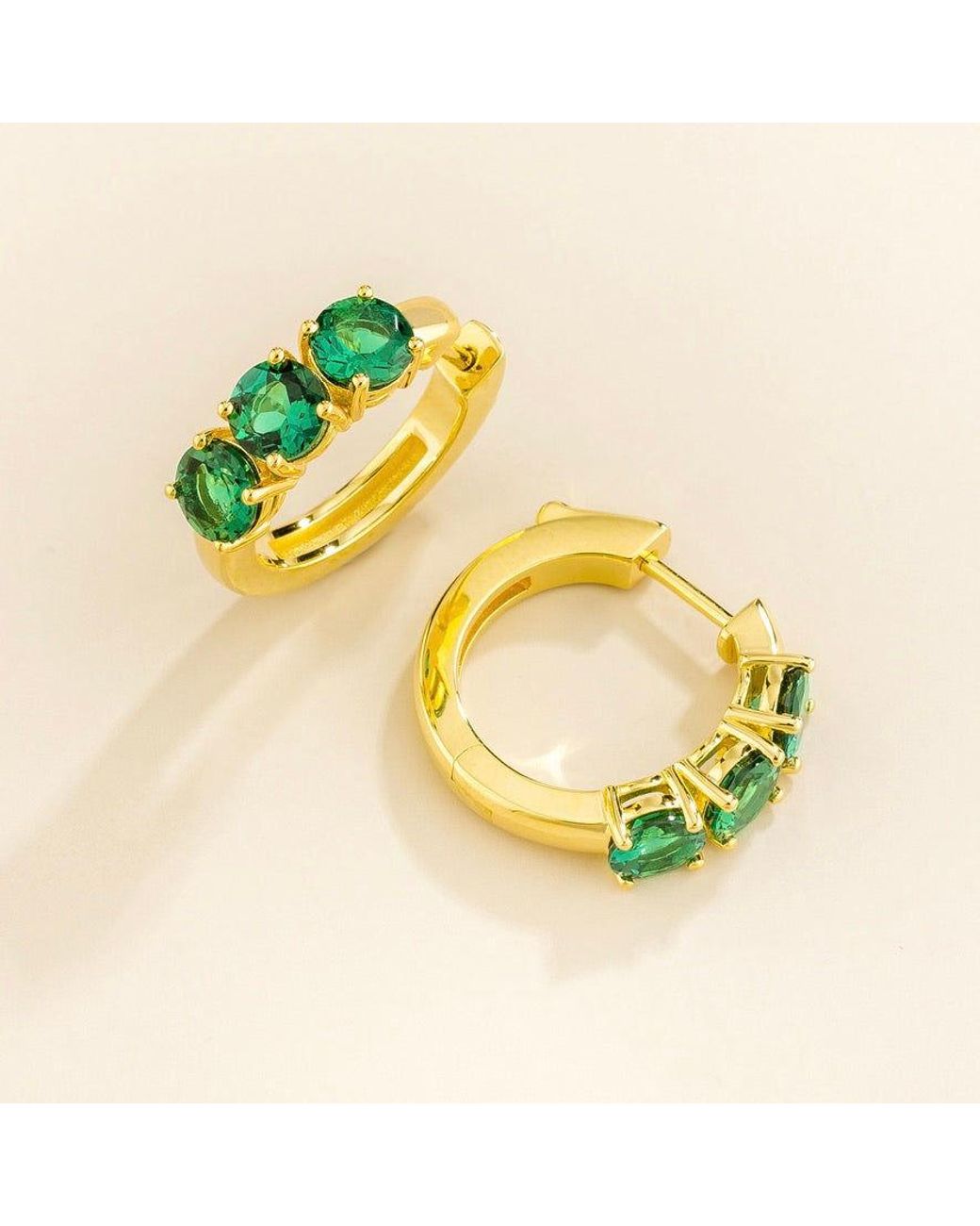 Juvetti Green Tres Emerald Three-Stone Huggie Hoop Earrings