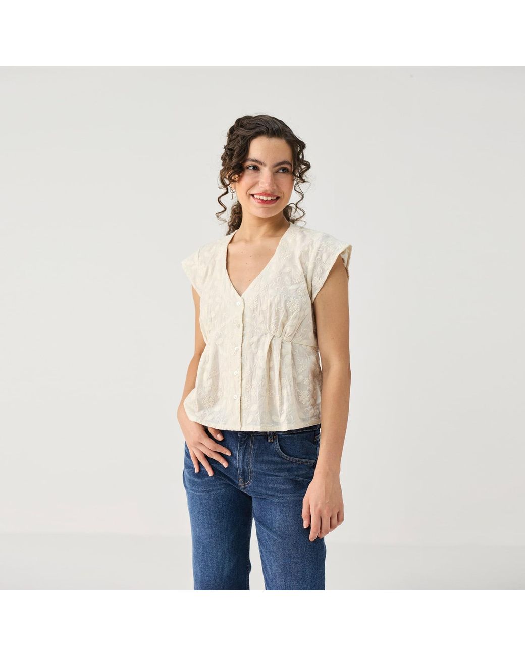 REISTOR Natural Embroidered Deep V Neck Top