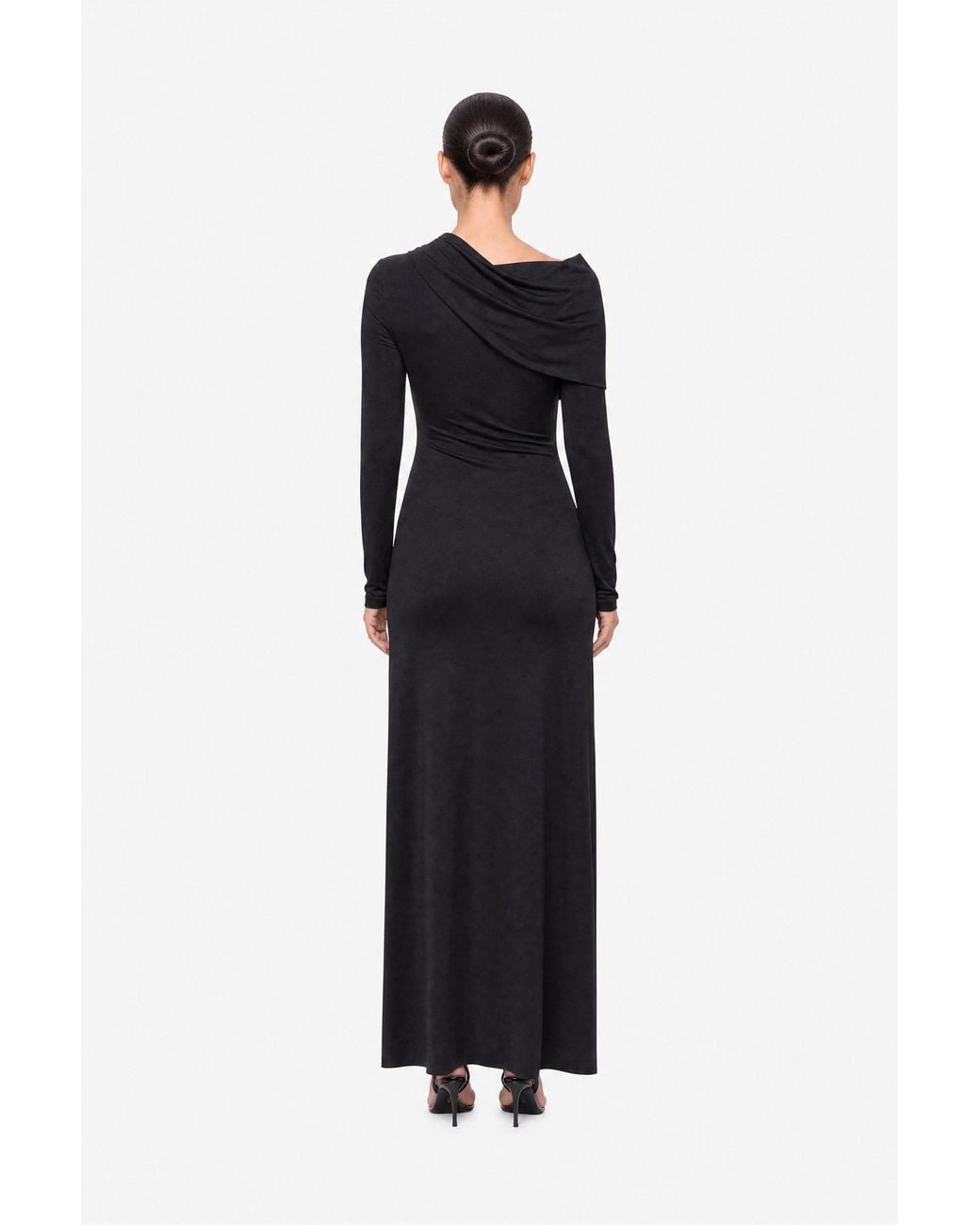 Nocturne Black Asymmetric Neck Draped Maxi Dress