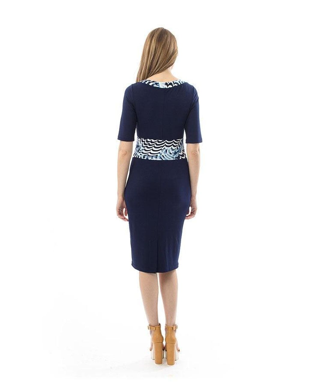 Conquista Blue Viscose-Elastane Jersey Midi Dress With Patterned Waistband