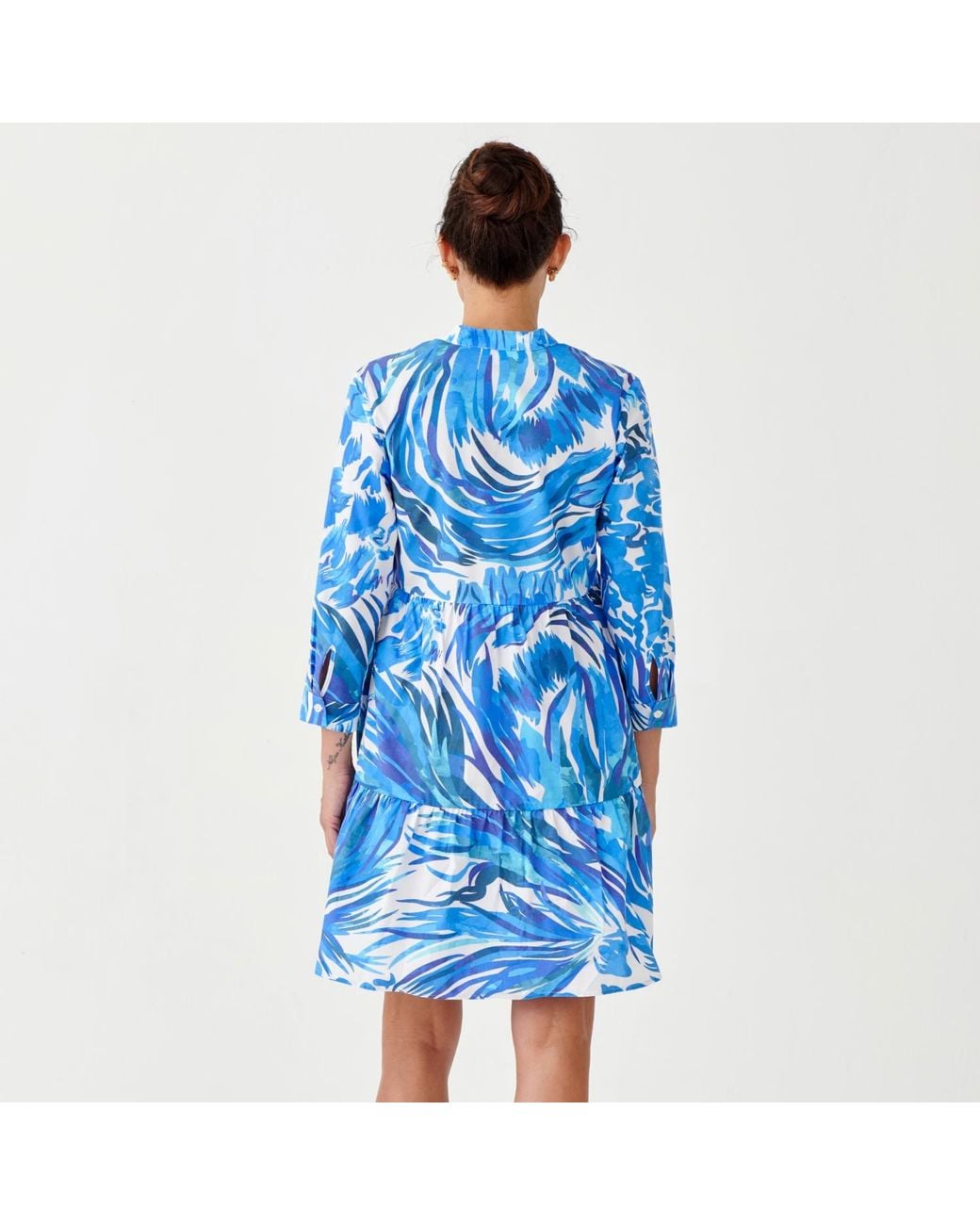 Perlavera Blue May Waves Printed Quarter Sleeve Length Mini Dress