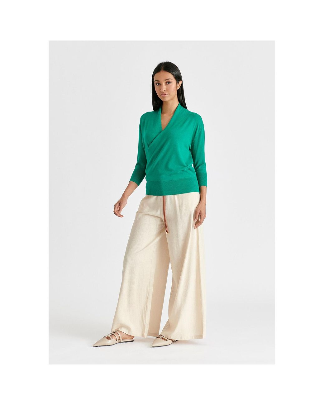 Paisie Green Cropped Sleeve Knit Wrap Top