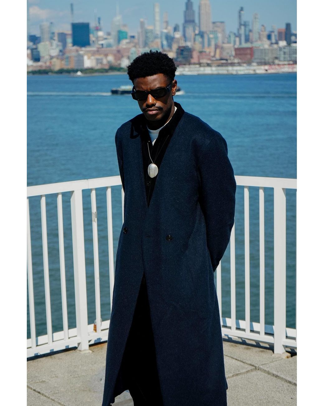 Éclectique Blue Collarless Long Coat for men