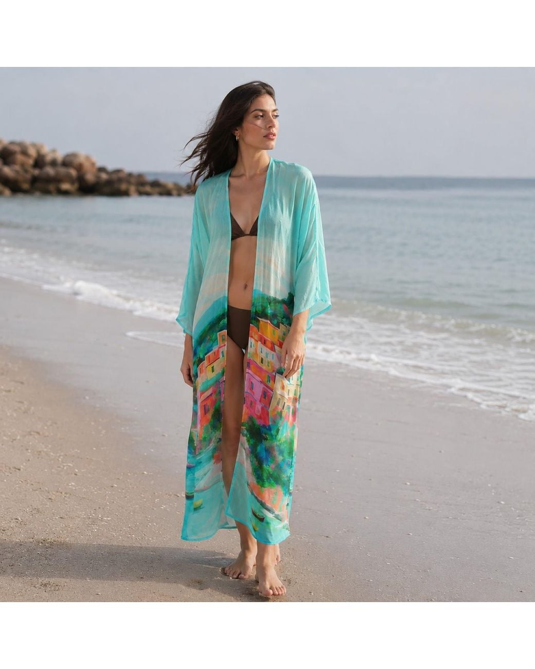 DHARA SHETH DUBAI Blue La Dolce Riviera Mediterranean Long Kimono Dress