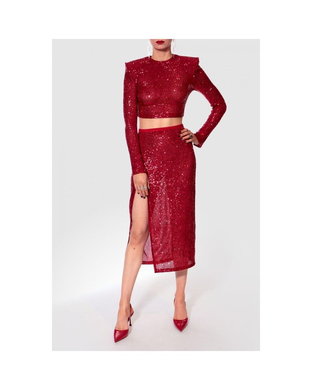 AGGI by HALEWSKI Red Zuza Sparcle Sequin Midi Skirt