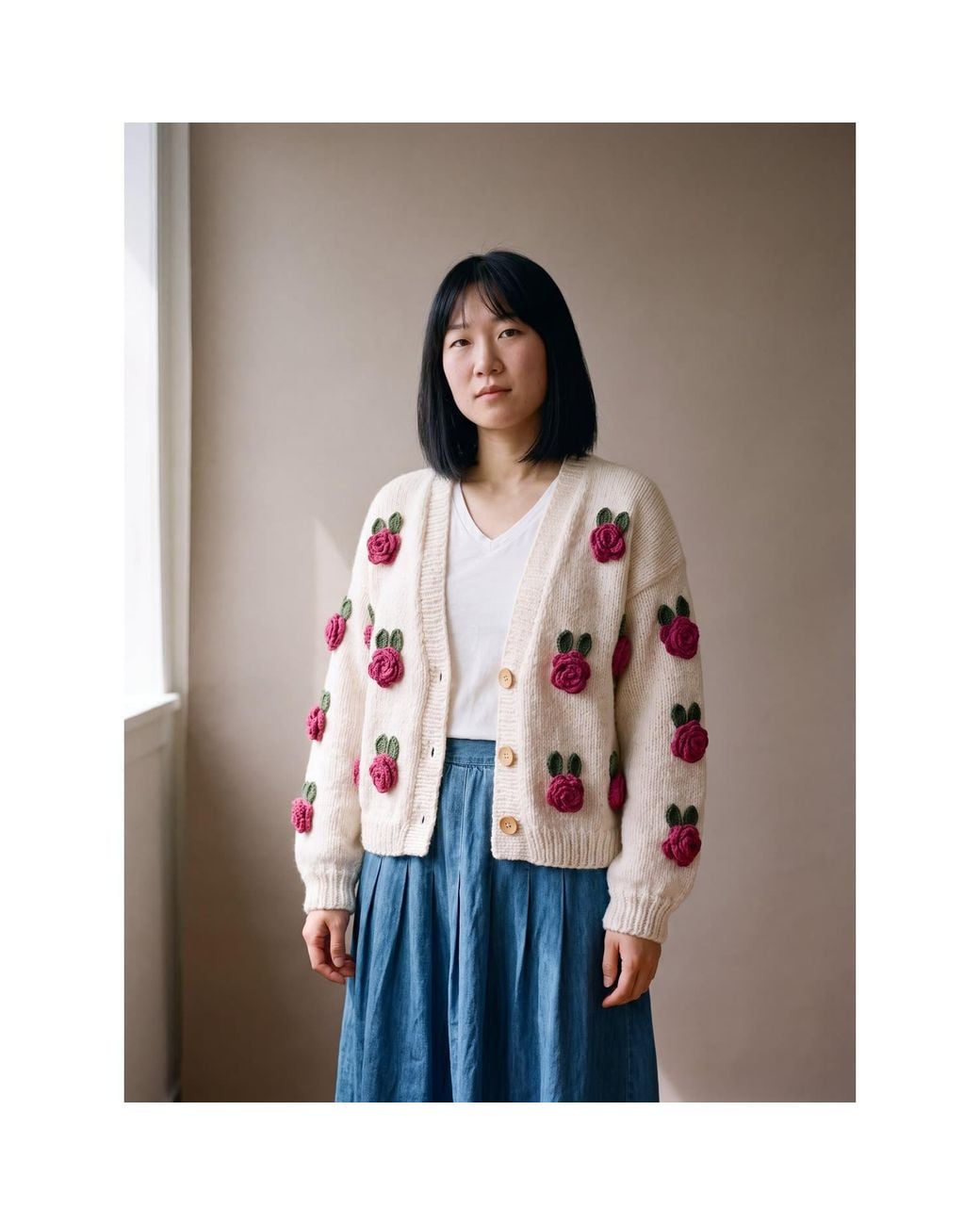 Ana Chic Pink Neutrals Rose Motif Handmade Knitted Cardigan