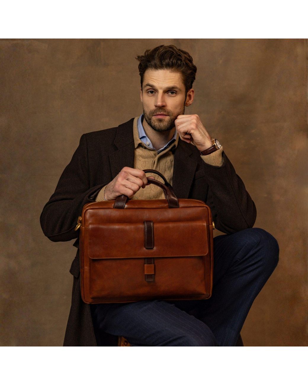 Time Resistance Brown Large Leather Briefcase Laptop Bag for men