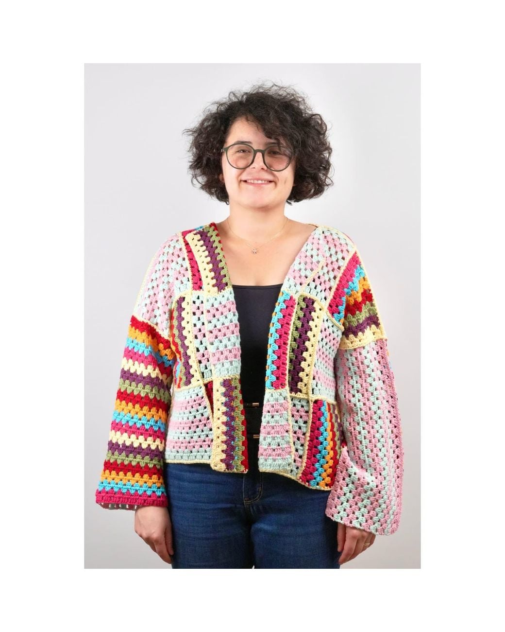 Ana Chic Red Striped Patchwork Handmade Crochet Cardigan