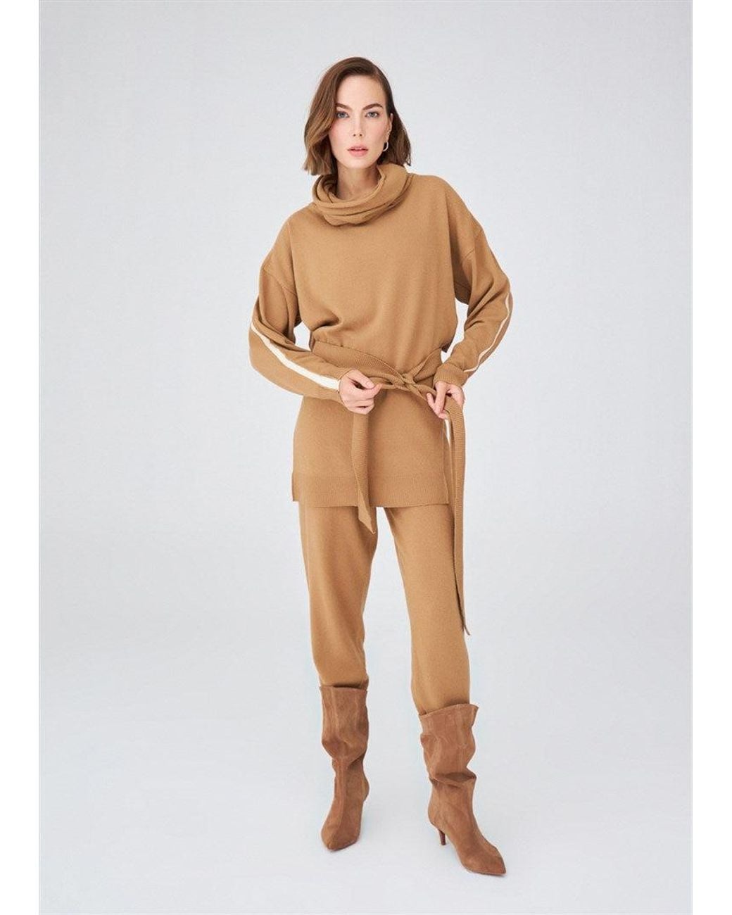 Peraluna Natural Cashmere Blend Mock Neck Belted Knitwear Long Pullover