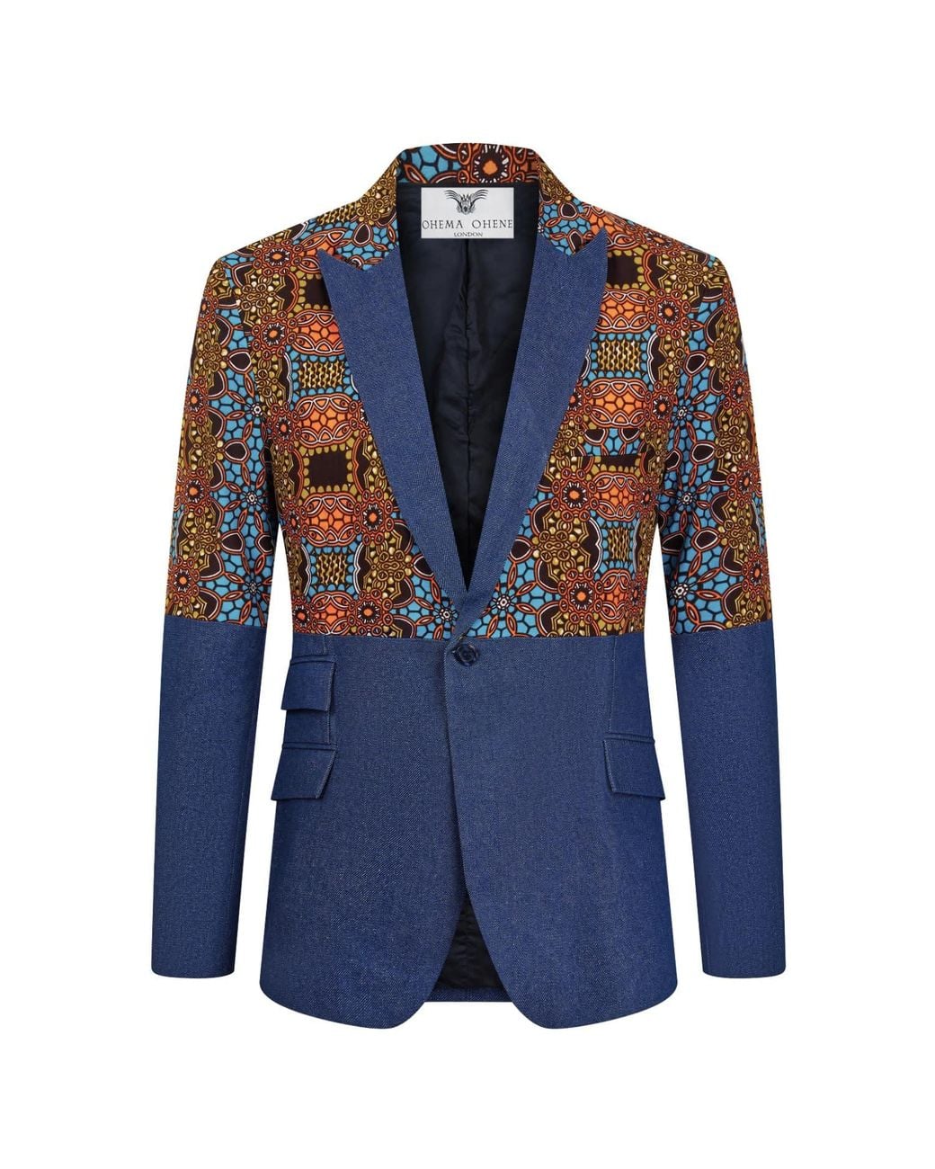 Ohema Ohene Blue Denim & African Print Lapel Blazer for men