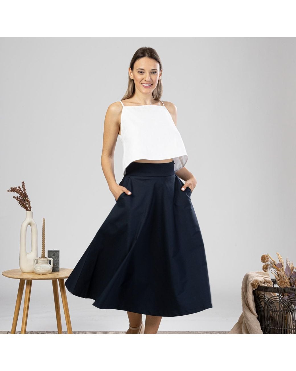 Nikka Place Blue Cotton Midi Flared Skirt With High Waist And Pockets