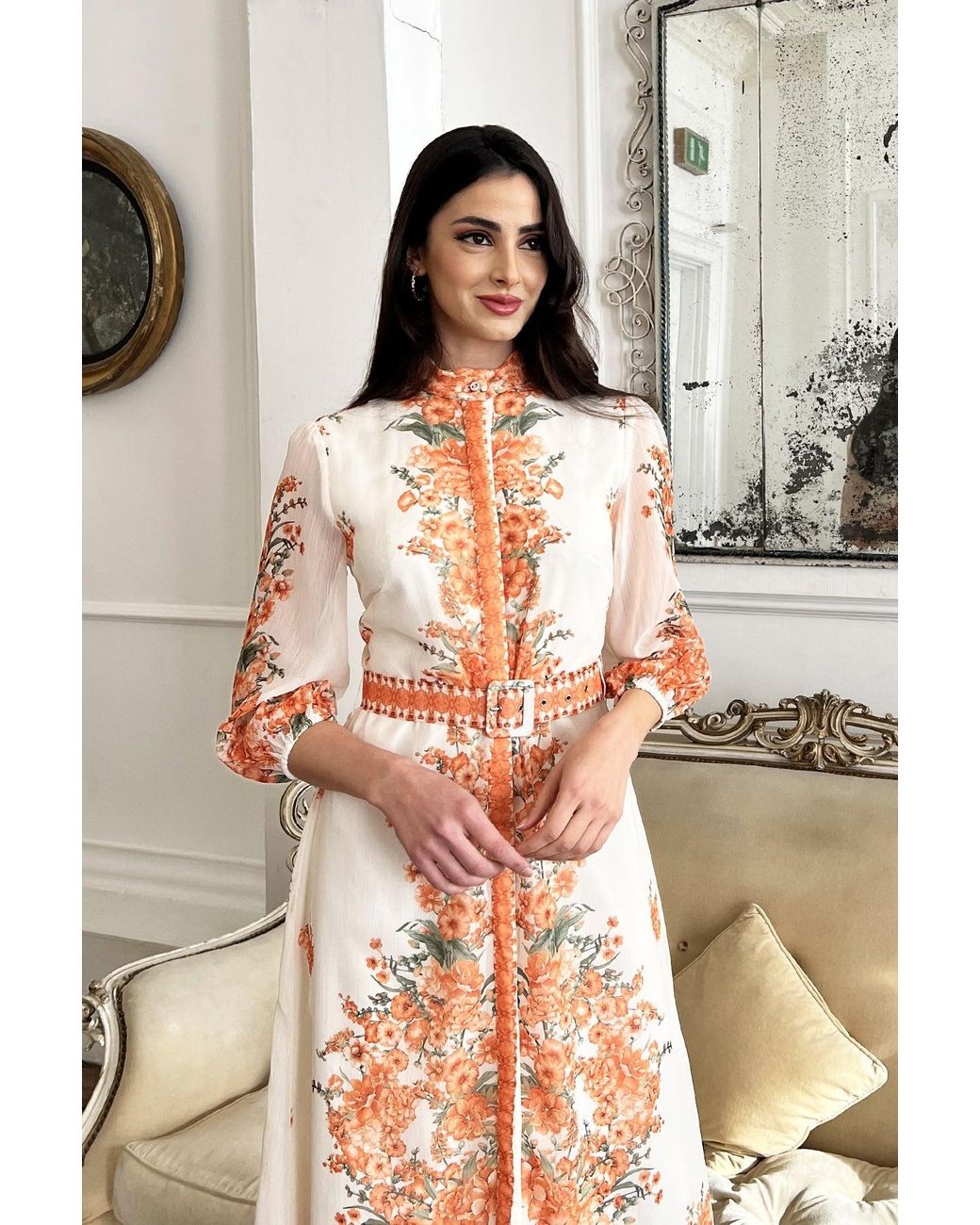 Raishma Pink Rose Floral 3/4 Length Sleeve Belted Midi Shirt Dress