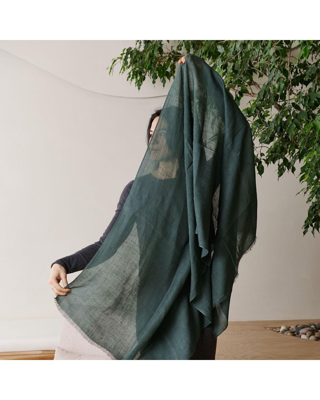 Variously Green Moss Dark Soft Linen Silk Handwoven Artisanal Scarf