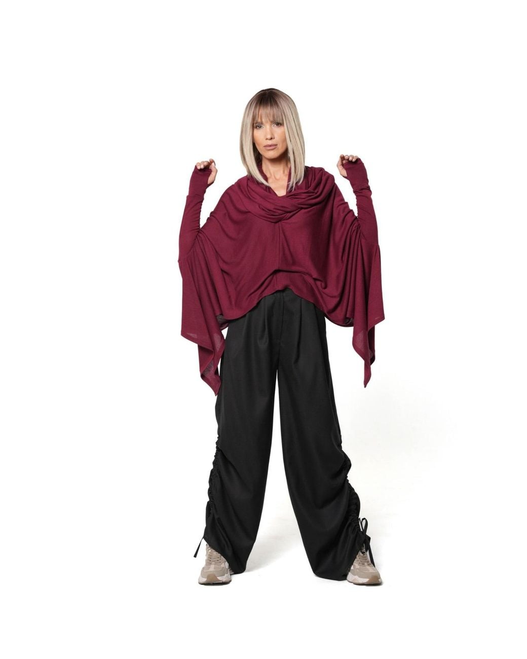 Metamorph Red Extravagant Cotton Tunic With Scarf Collar