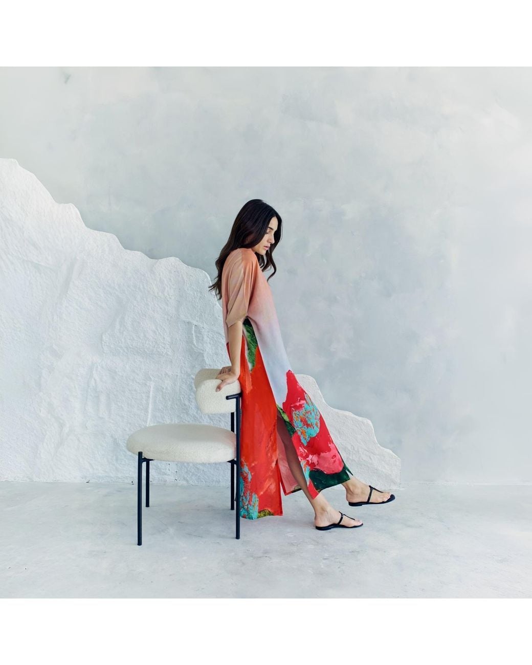 DHARA SHETH DUBAI Red Coral Mirage Floral Kaftan Maxi Dress With Side Slits