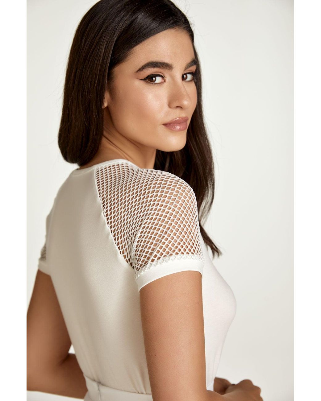 Conquista White Neutrals Ecru Top With Short Net Sleeves
