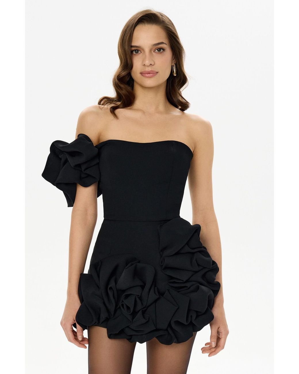 POST MERIDIEM Black Flounced Bottom One Shoulder Bustier Dress