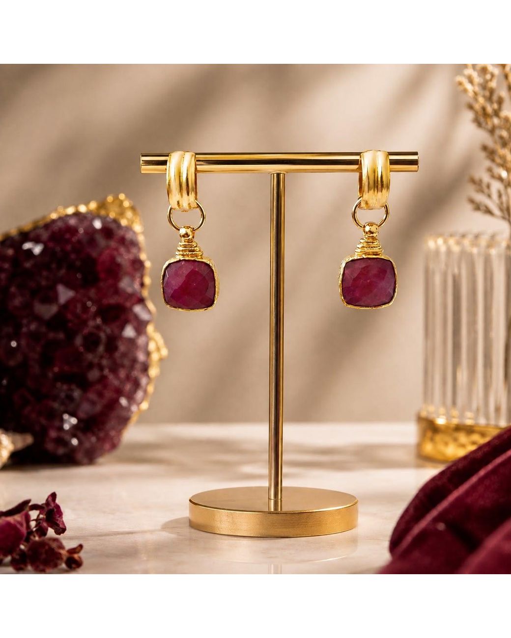 By Ozge Purple Crimson Reverie Ruby Tone Burgundy Stone Drop Earrings