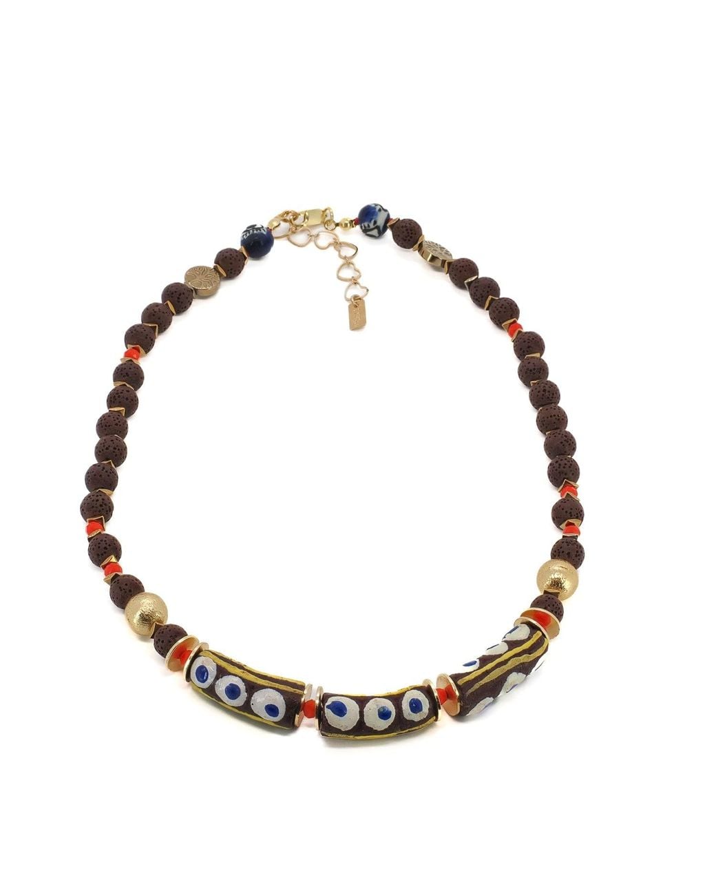 Ebru Jewelry Metallic African Bead & Evil Eye Lava Rock Statement Choker Necklace