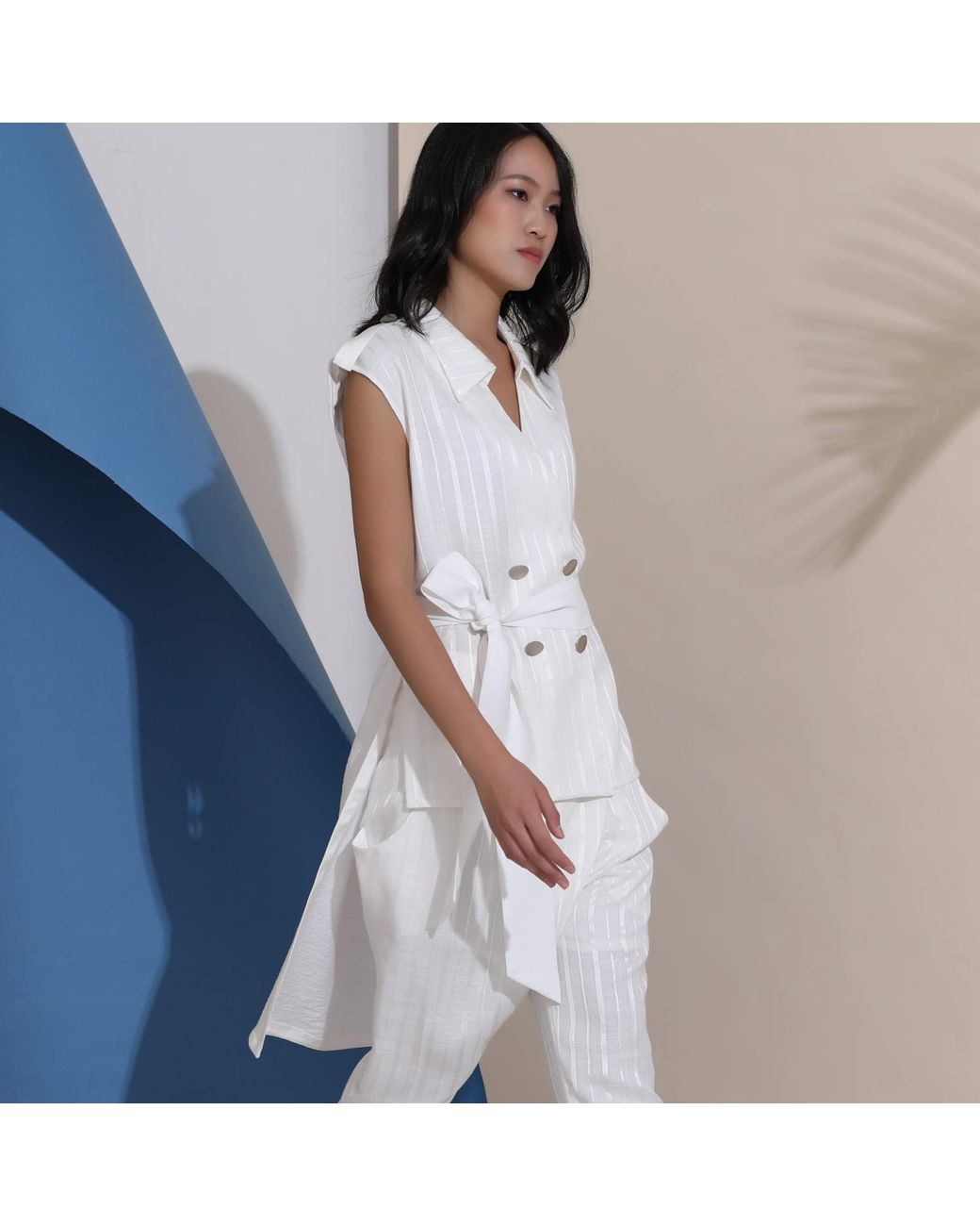 Smart and Joy White Long Bi-Material Tailored Waistcoat