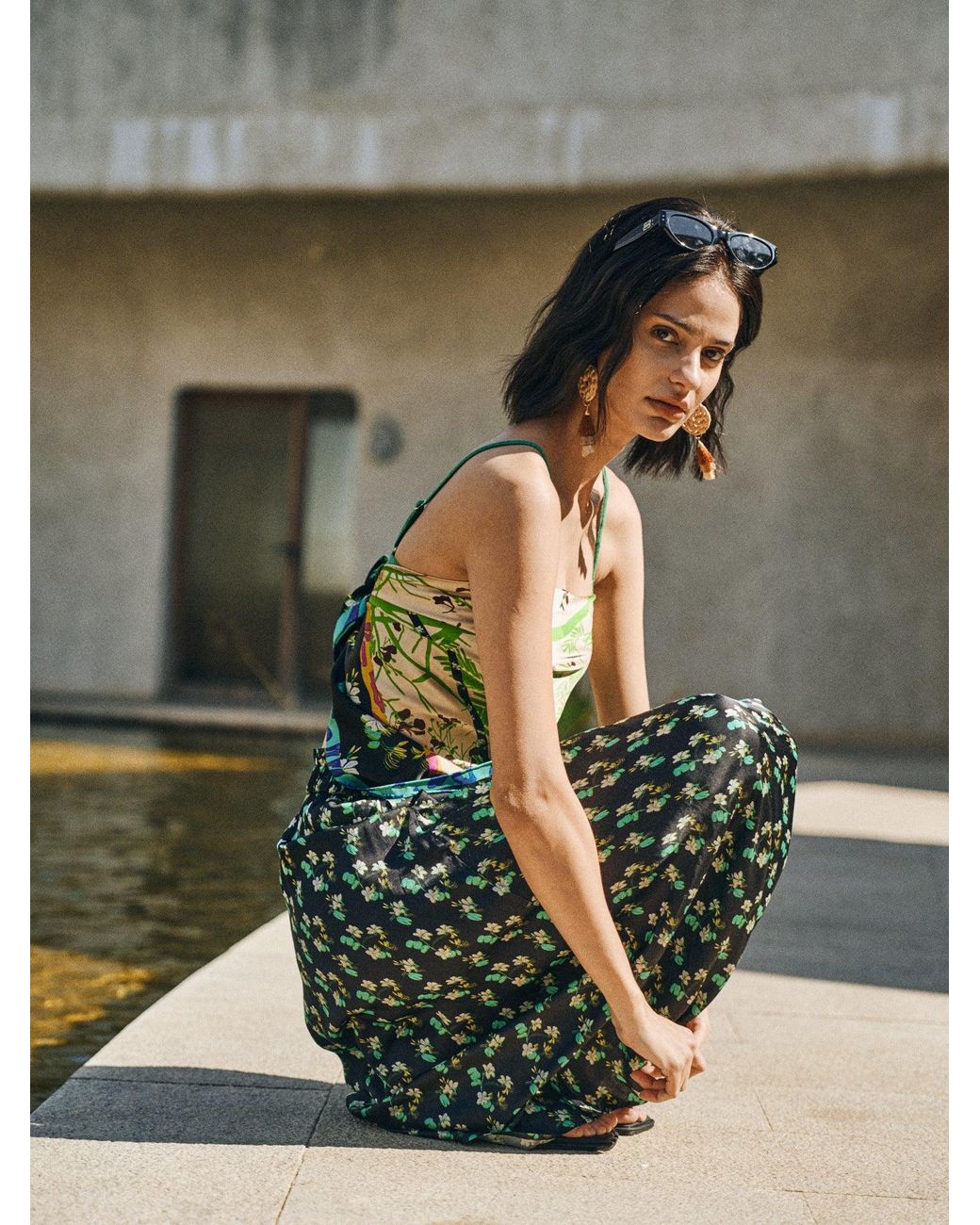 Lost Pattern Green Beach Blossom Satin Midi Skirt