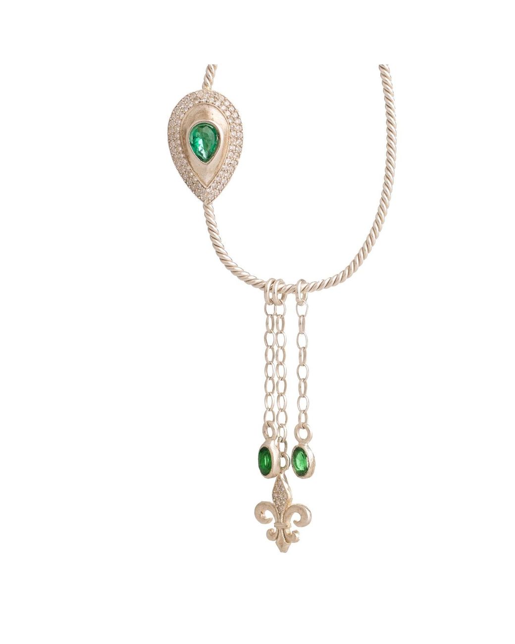Ebru Jewelry Metallic Emerald Fleur De Lis Chain Unique Earring