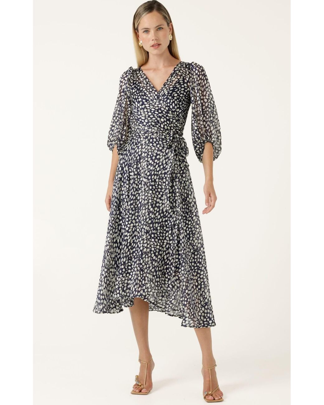 SACHA DRAKE Gray Cloudland Lurex Chiffon Wrap Midi Dress