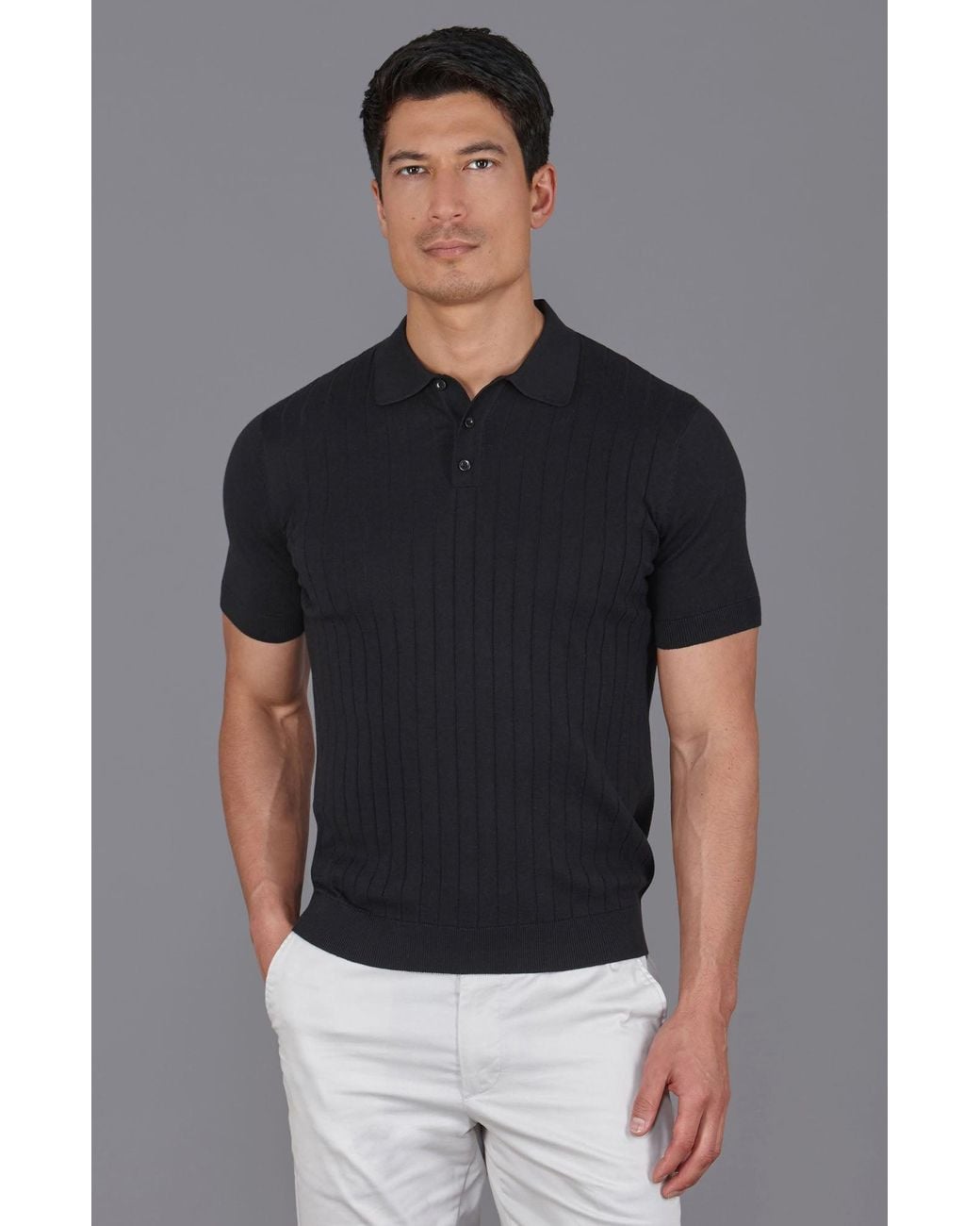 Paul James Knitwear Black Ultra Fine Cotton Miless Selection Knit Polo Shirt for men