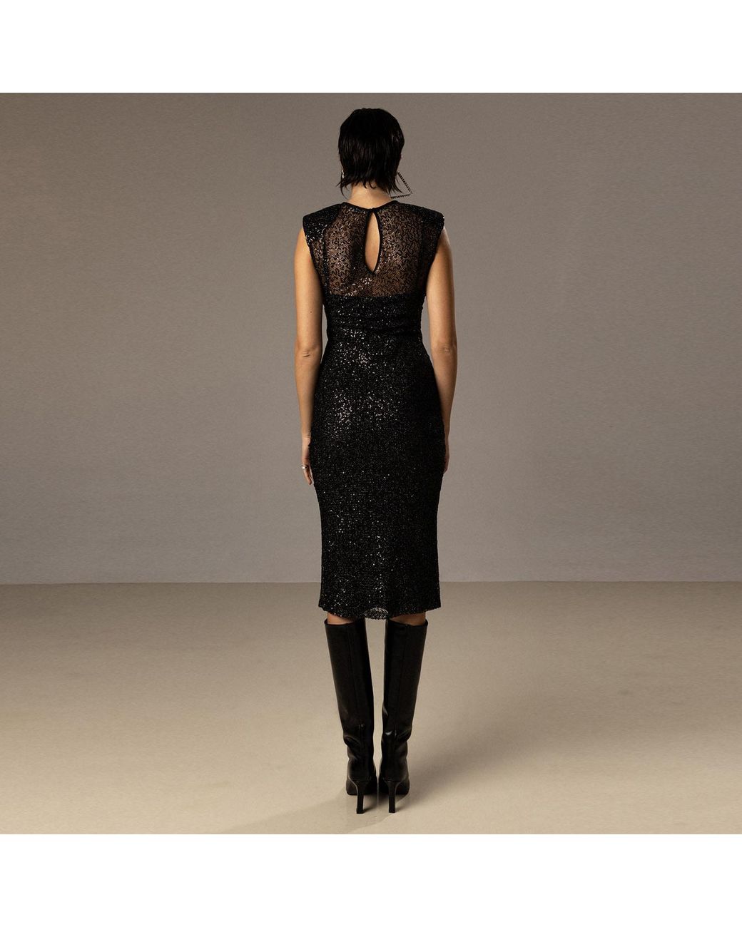 Nissa Black Sequined Mesh Midi Dress