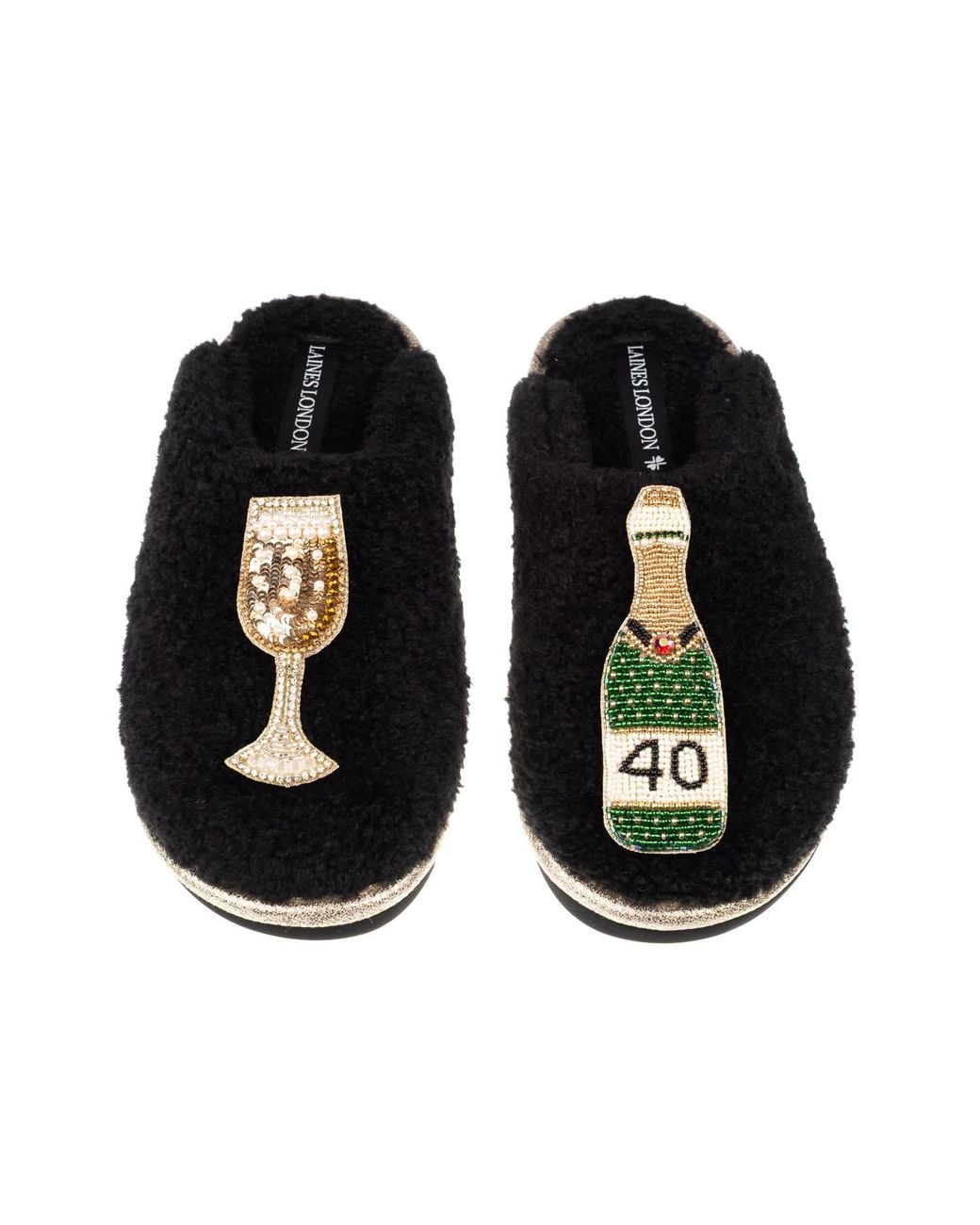 Laines London Black Teddy Closed Toe Slippers With 40Th Champers Bottle & Glass Brooches