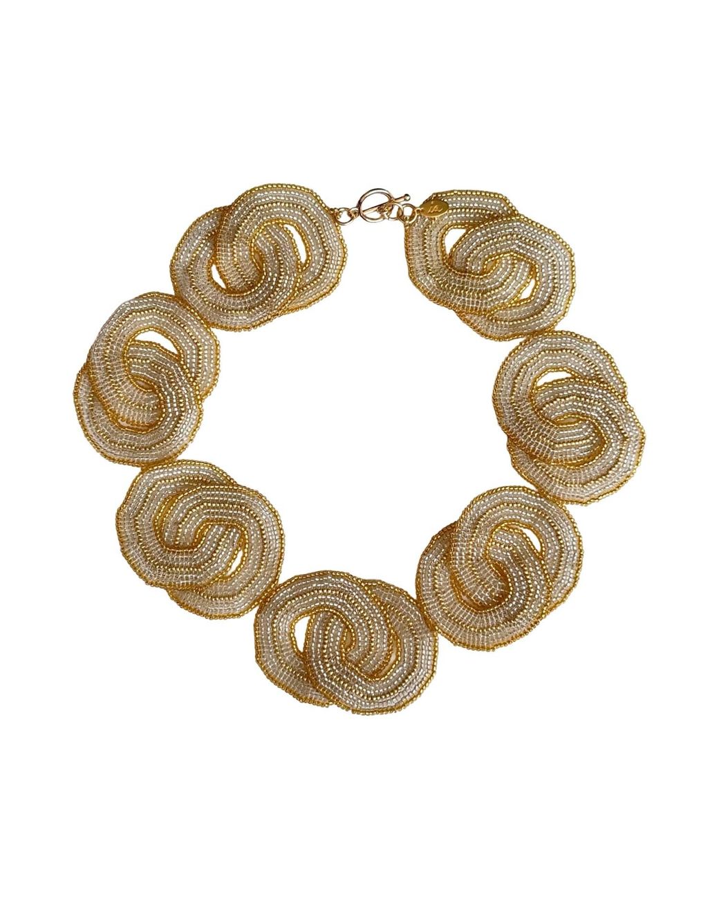 Iliana Arrazola Metallic Crisscrossed Circle Necklace, Glass Beads, Beaded Jewelry