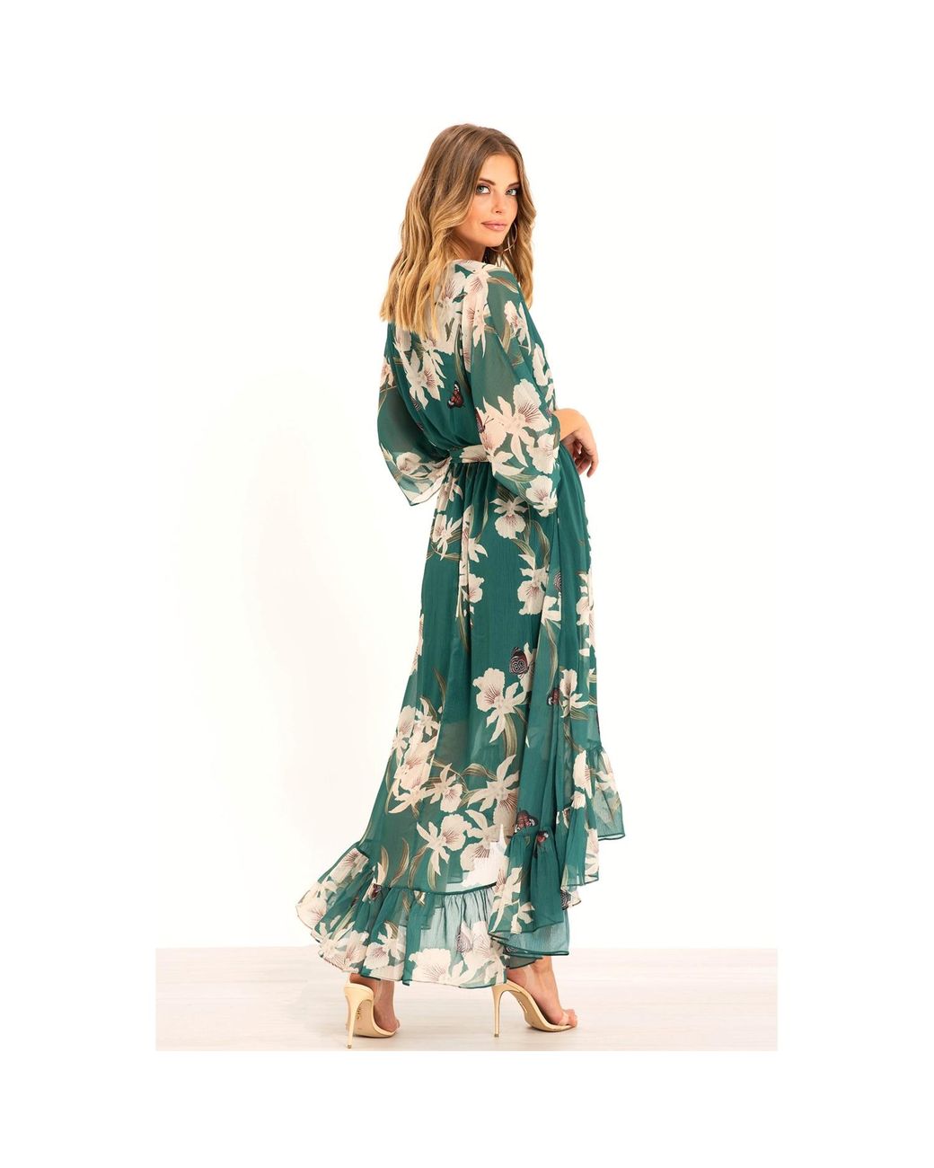 Urban Touch Green Floral Kimono Wrap Midi Dress