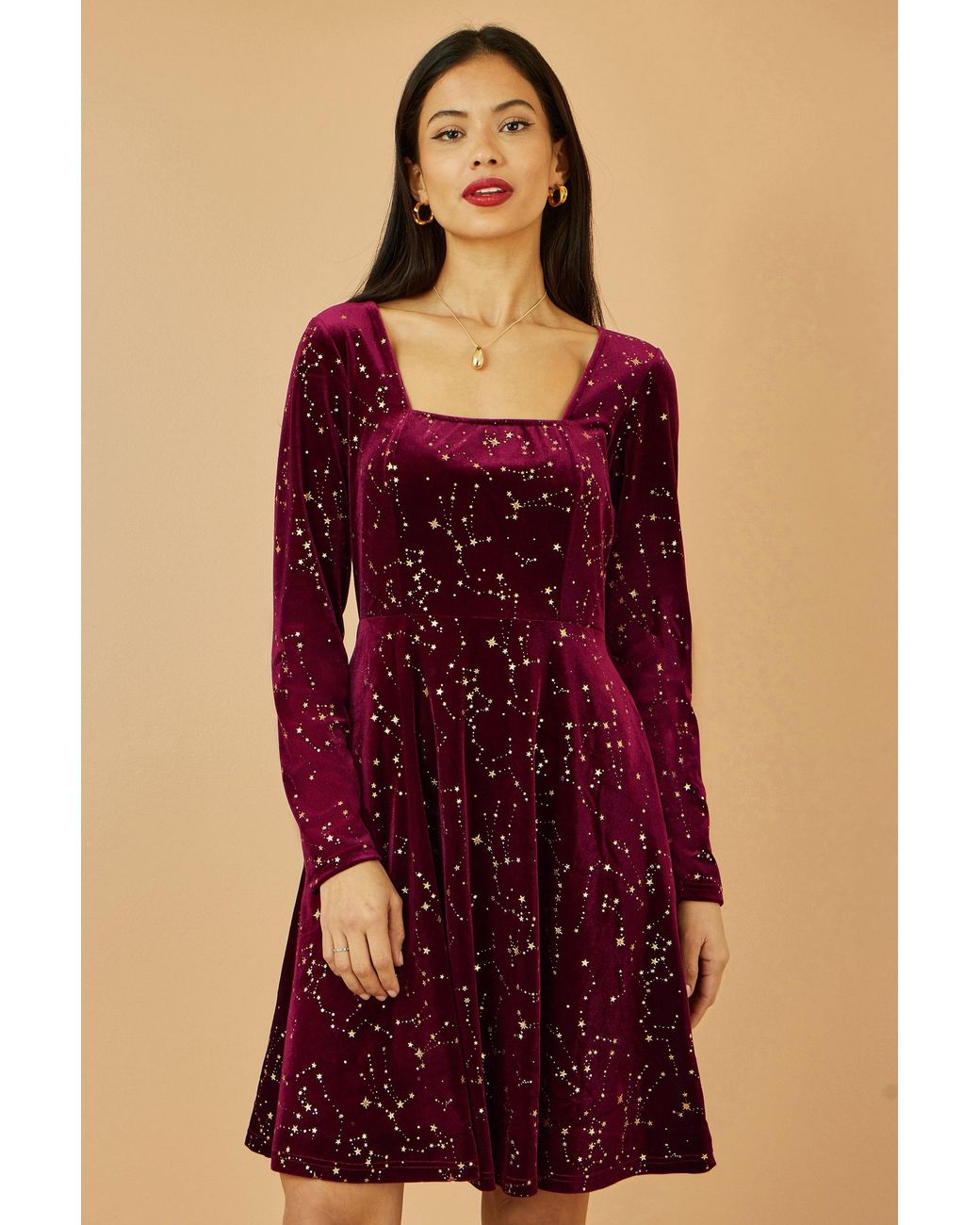 Yumi' Red Burgundy Star Foil Print Long Sleeve Skater Dress