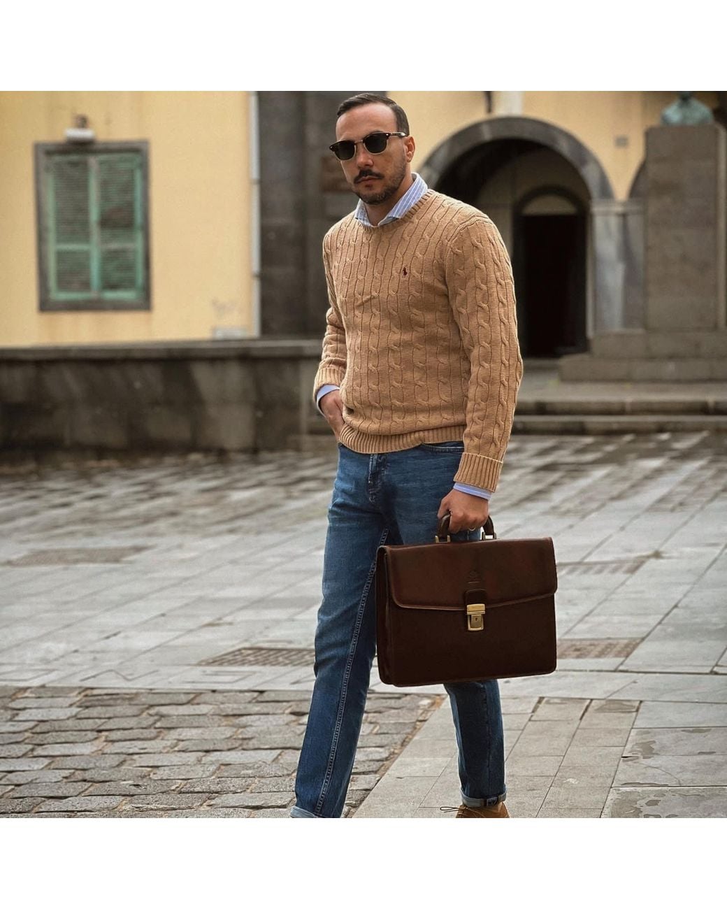 Time Resistance Brown Leather Briefcase for men