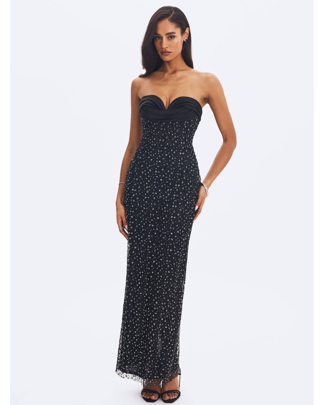 Miss Circle New York Black Preslie Satin & Crystal Mesh Sheath Maxi Dress