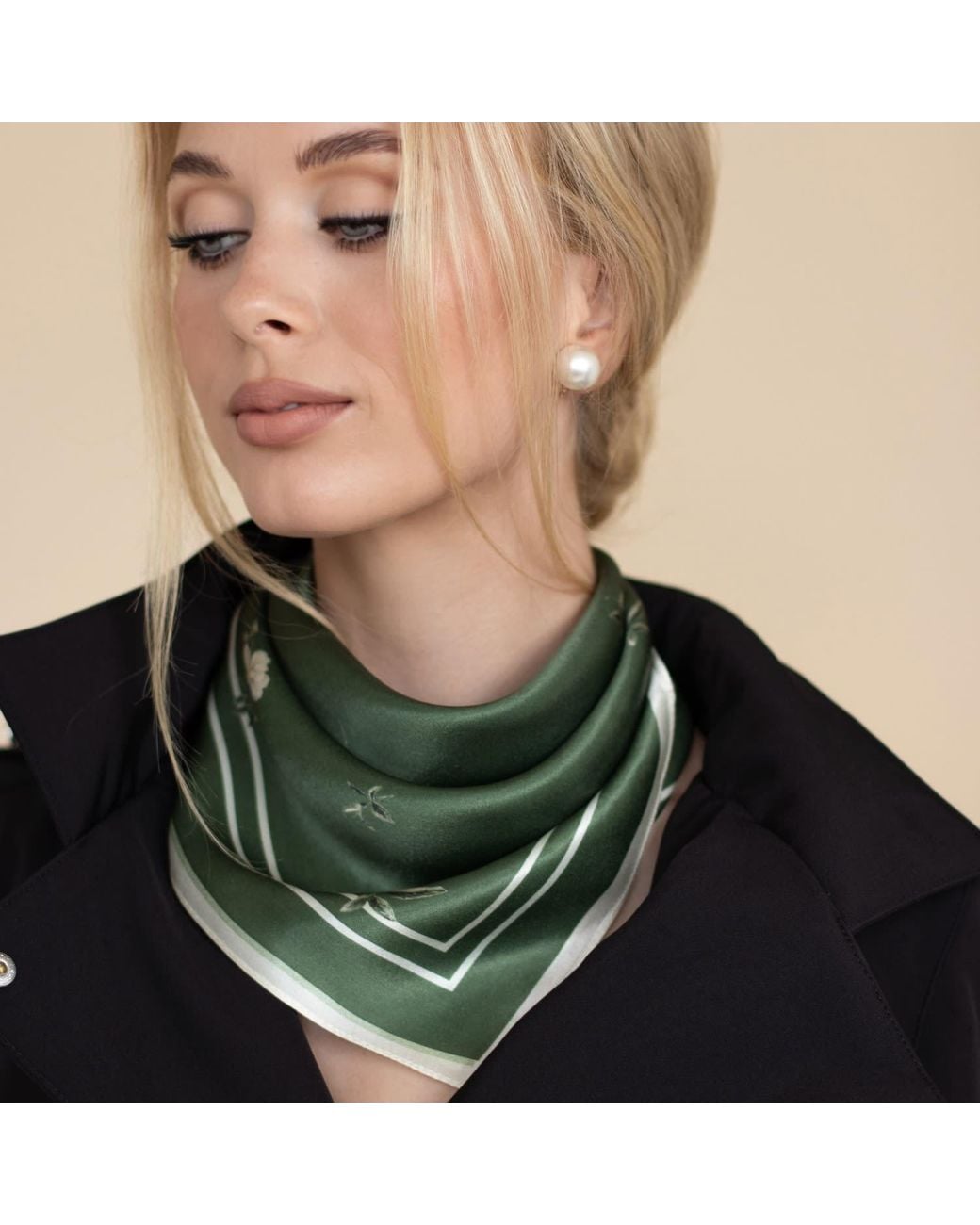 RainSisters Green Small Floral Print Natural Silk Scarf