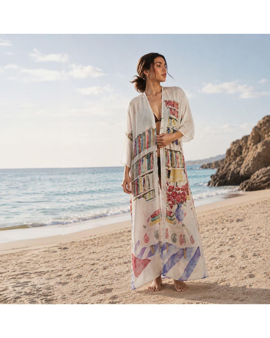 DHARA SHETH DUBAI White Abode Artistic Bookshelf Kimono Dress - & Library Print