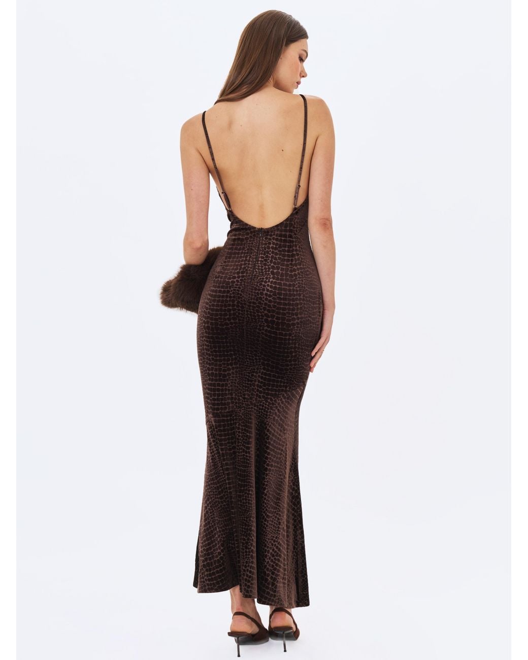 Miss Circle New York White Veronique Croc-Embossed Velvet Cowl Neck Mermaid Maxi Dress