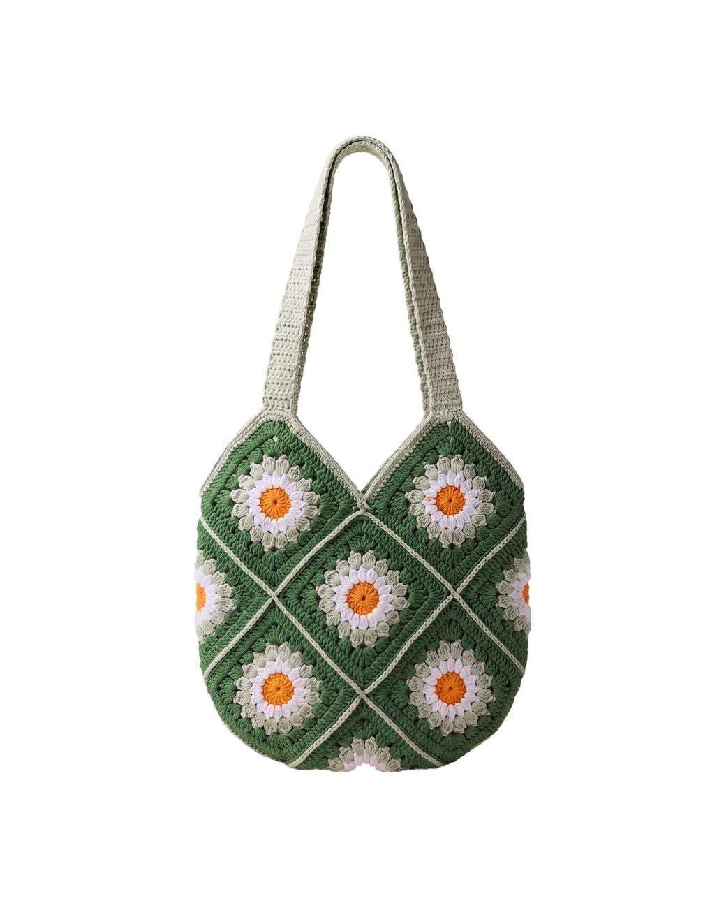 Ana Chic Green Daisy Granny Square Handmade Crochet Shoulder Bag