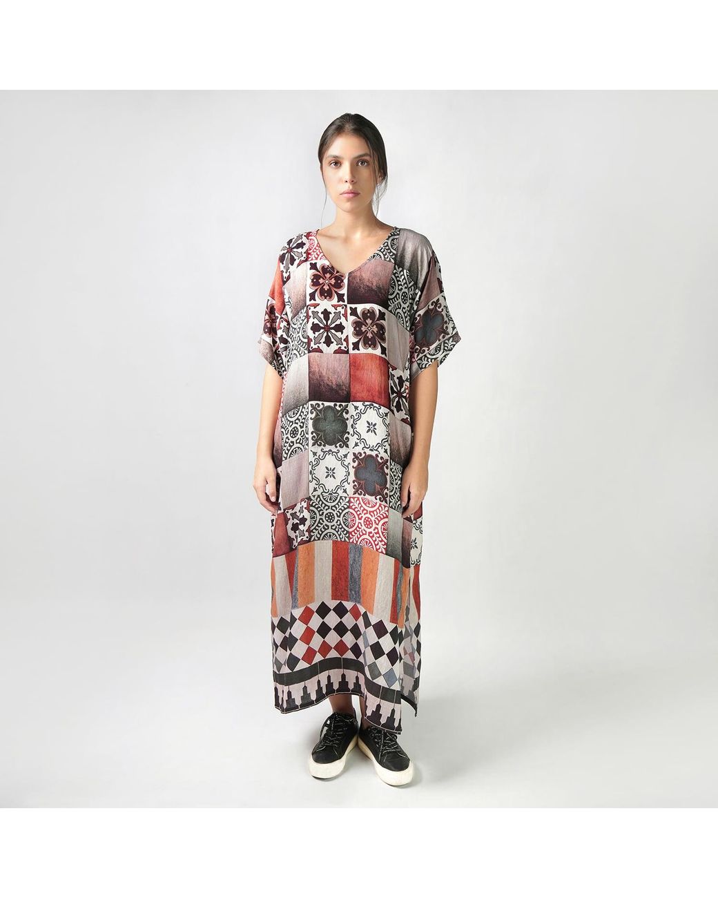 DHARA SHETH DUBAI Brown Celestial Tesserae Mosaic Print Long Cotton Kaftan Dress