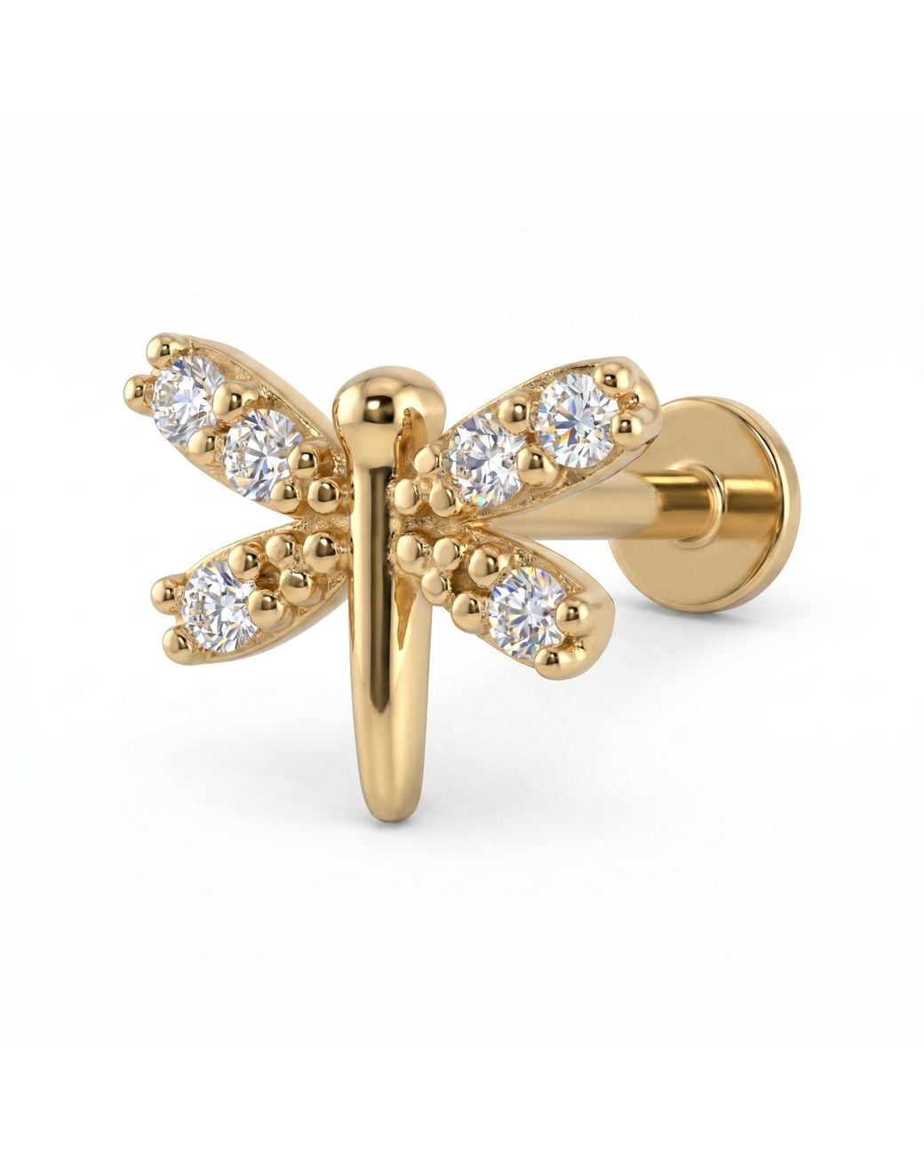 Zahav Jewelry Metallic 14K Solid 18G 8Mm Dragonfly Cz Internally Threaded Flat Back Stud